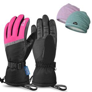5126 Womens Ski Glovess Mc1702 One Pair(rose Red, Medium)+fleece Beanie Cap